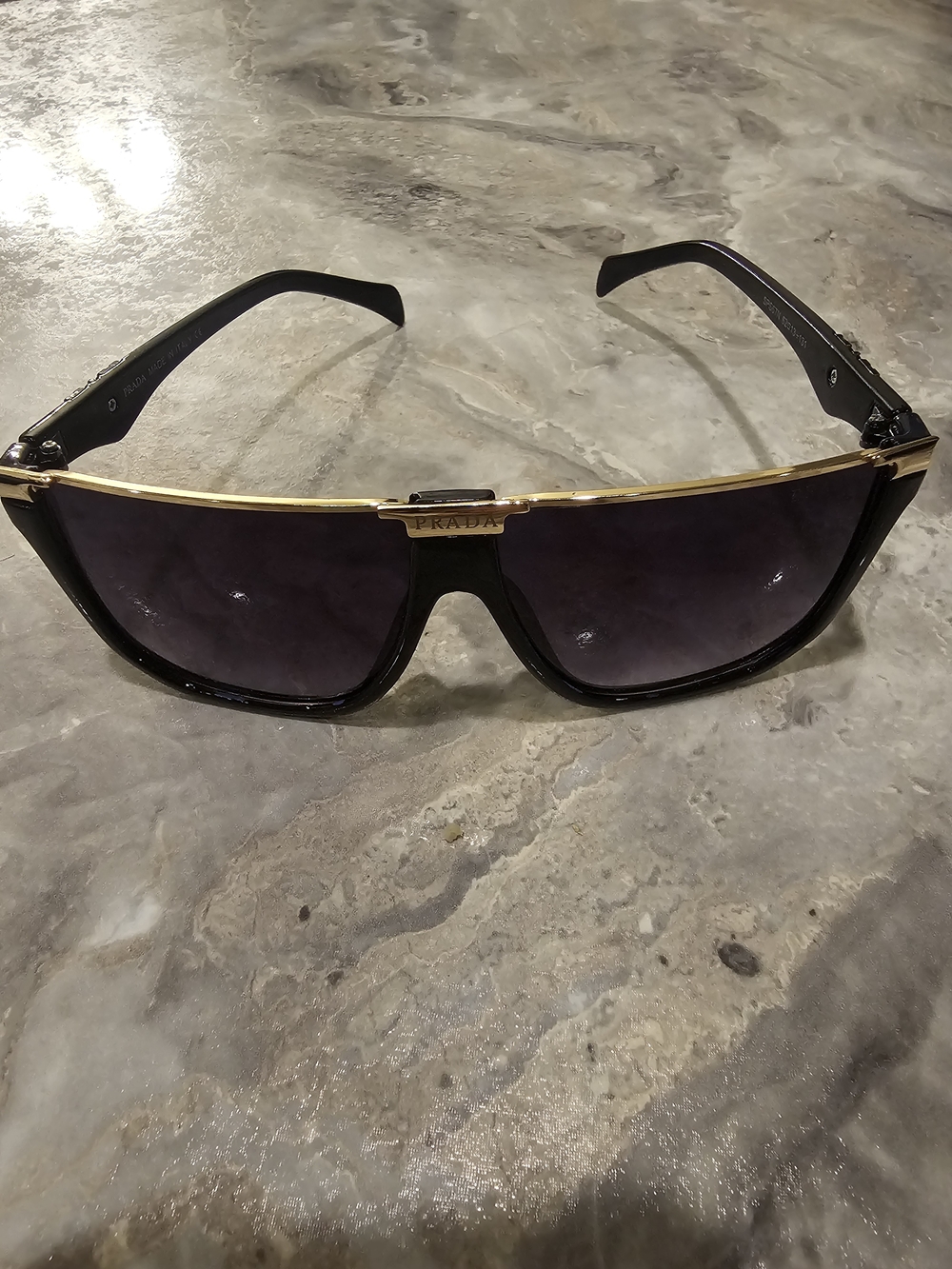 Prada Men's Black and Gold Shield Sunglasses